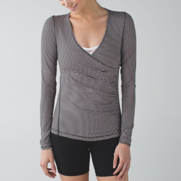 lululemon athletica Tops - Lululemon Grey Black Striped Long Sleeve V Neck Faux Wrap Cross Top XS/S